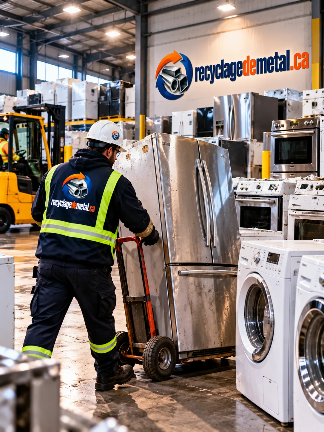 Travailleur qui déplace un réfrigérateur sur un diable dans un entrepôt d'électroménagers
