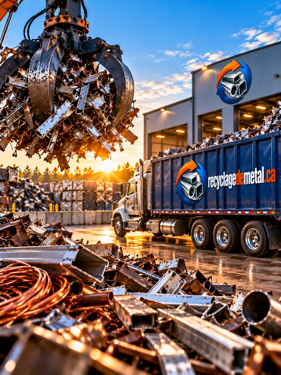 Pince chargée de ferraille au lever du soleil, camion et balles de métal compacté